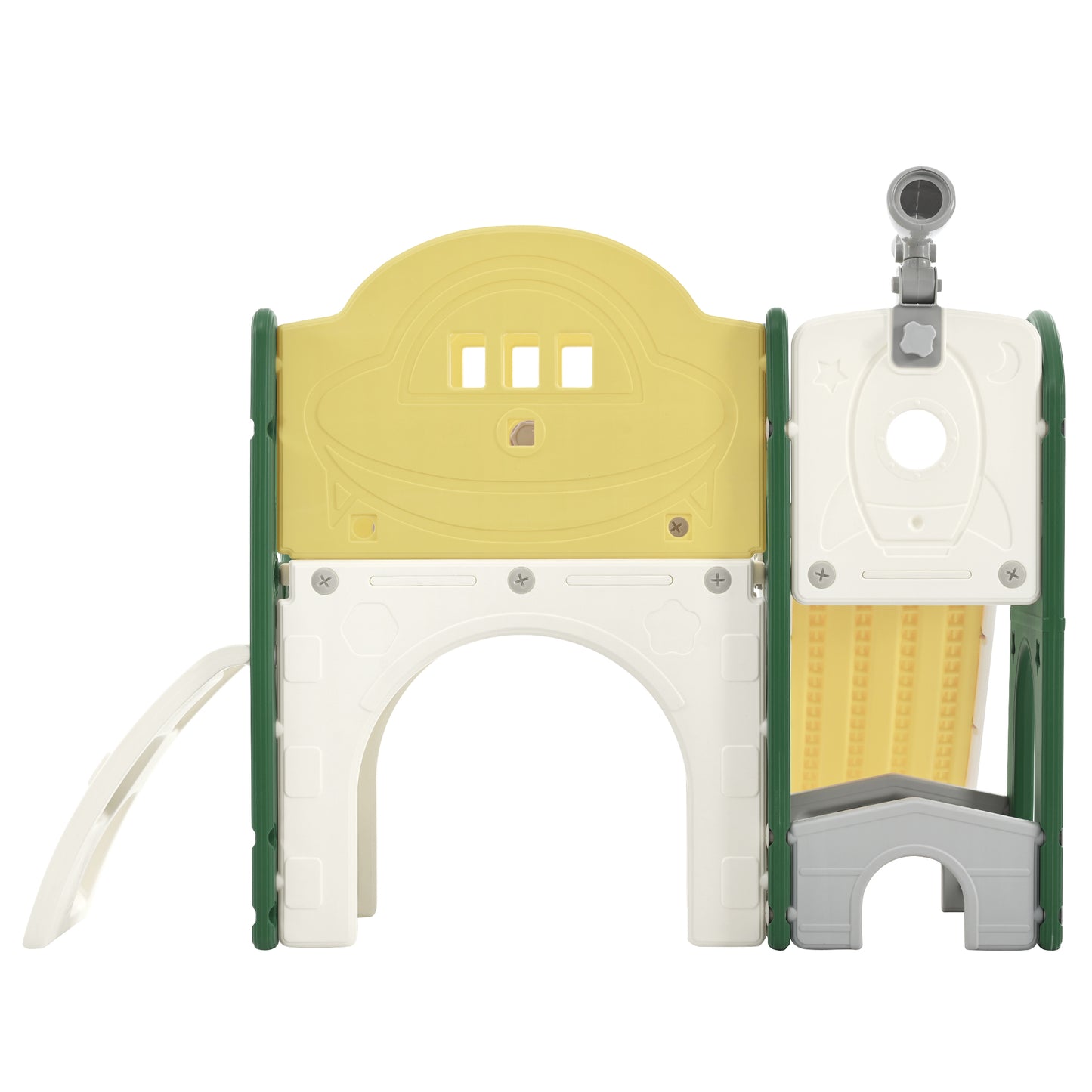 Kids Slide Playset Structure 7 in 1, Freestanding Spaceship Set with Slide, Arch Tunnel Yellow + HDPE - Ectron Online