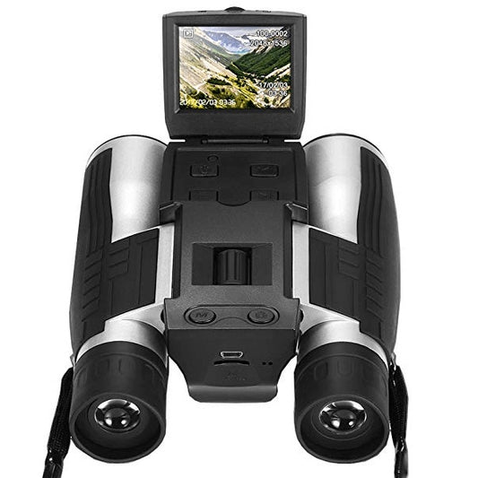 Binoculars with digital screen displaying a mountain landscape on a white background
