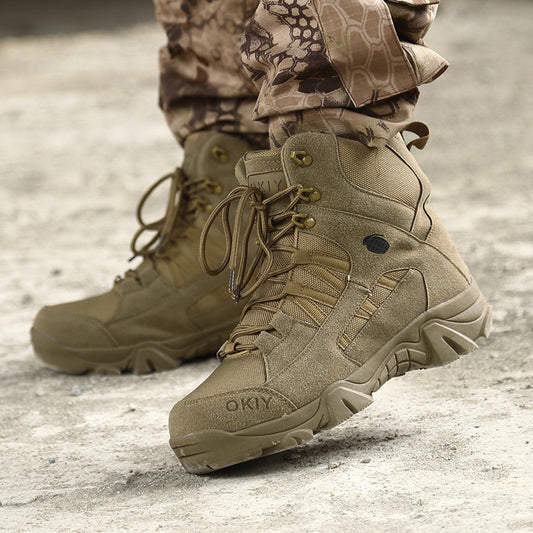 A pair of brown tactical boots designed for outdoor use, featuring a lace-up closure and a non-slip sole.