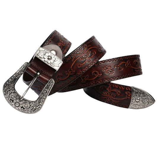 Men's Embossed Mongolian Style Leather Belt Embossed First Layer Cowhide Men's Mongo | Ectron Online