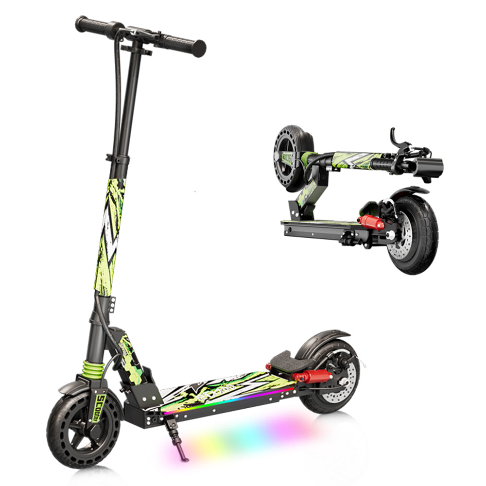 Green electric scooter with black handlebars and rear wheel