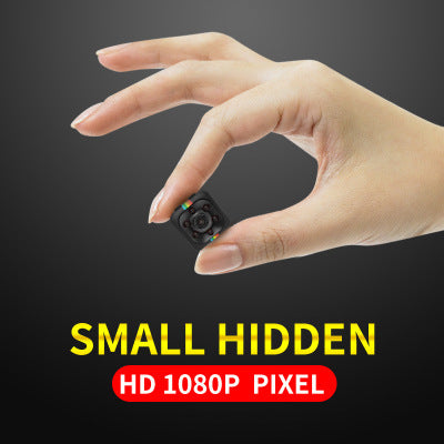 Hand holding a small camera with text 'Small Hidden HD 1080P Pixel' on a dark background