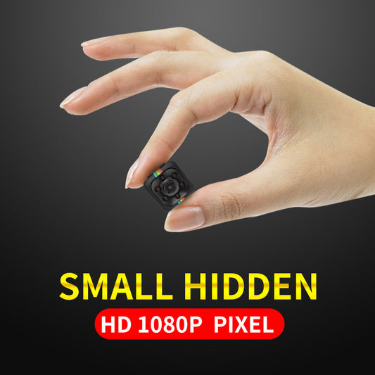 Small hidden camera held in a hand with text indicating HD 1080P resolution on a dark background