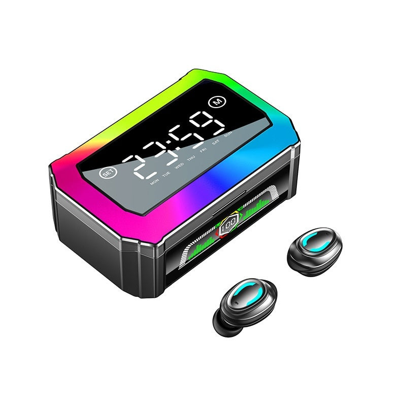 Colorful electronic device with digital display and two black earbuds on a white background