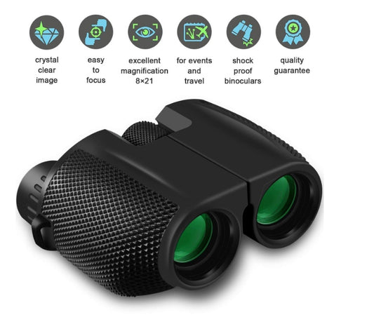 Black binoculars with green lenses on a white background, featuring icons and text about their features.