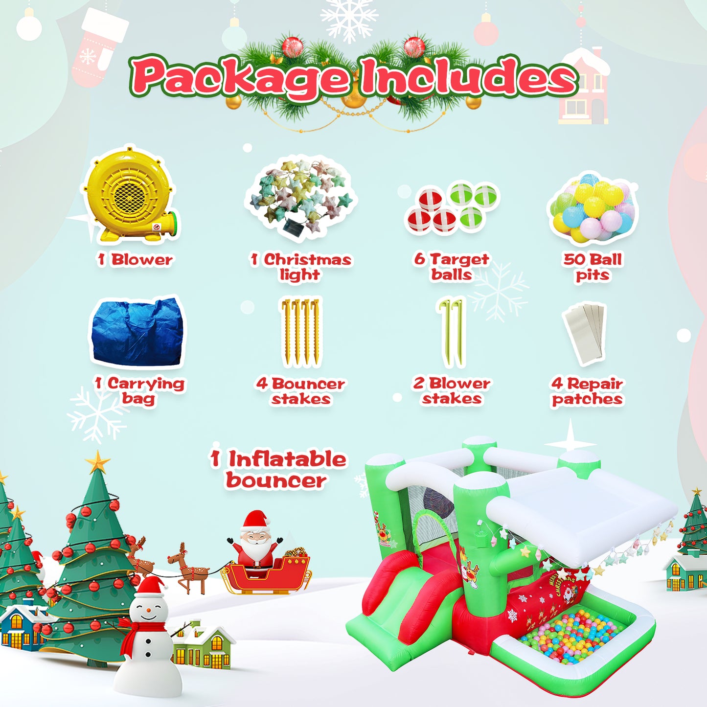 Christmas Jump 'n Slide Inflatable Bouncer for Kids Complete Setup with Blower - 80" x 91" Play Area - 55" Tall - Ectron Online