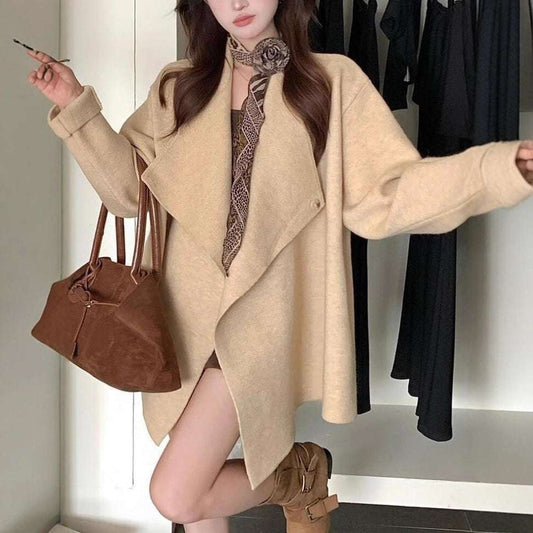 Irregular Lapel Mid-length Knitted Cardigan Casual Laid-back Style
