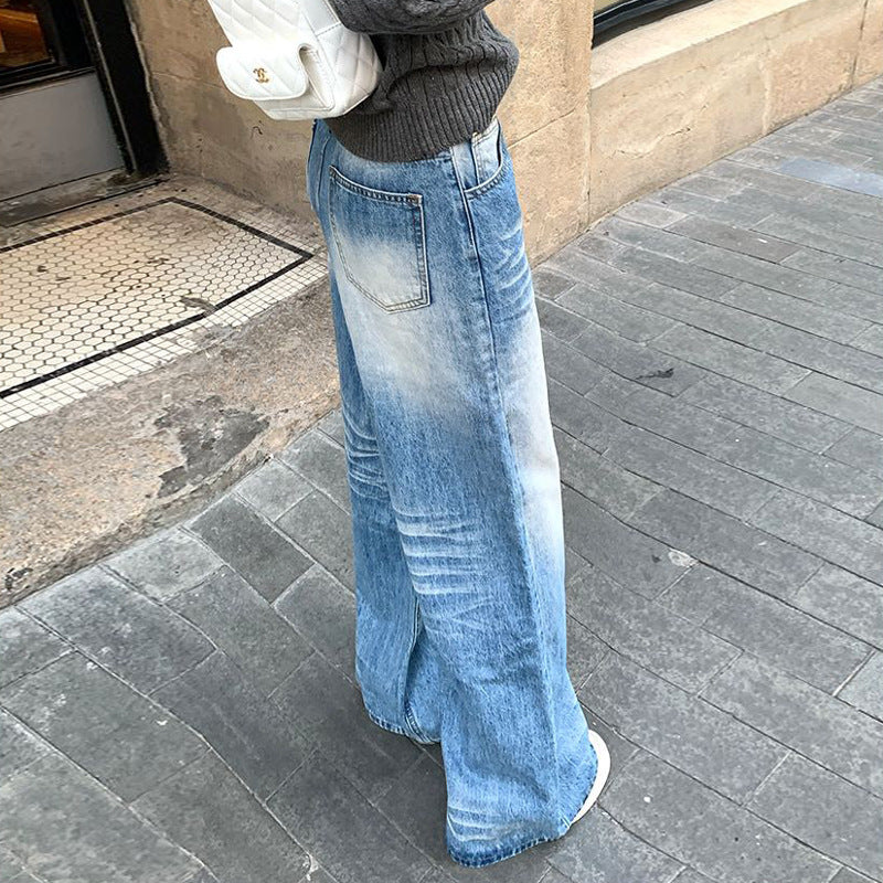 Washed & Bleached Wide-Leg Jeans – Pear-Shaped, Floor-Length Crease Design Washed And Bleached Jeans | Ectron Online