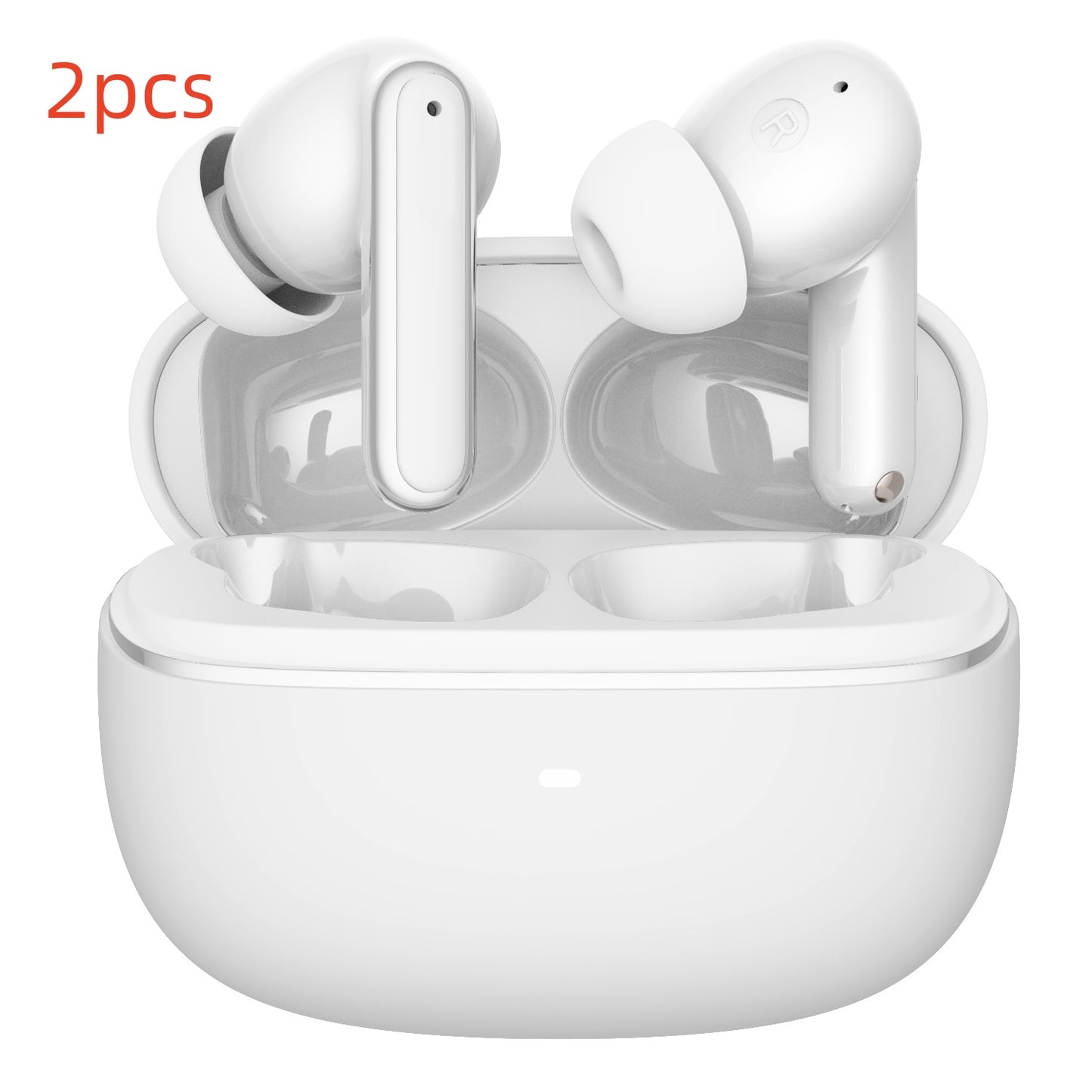White wireless earbuds with charging case on a white background