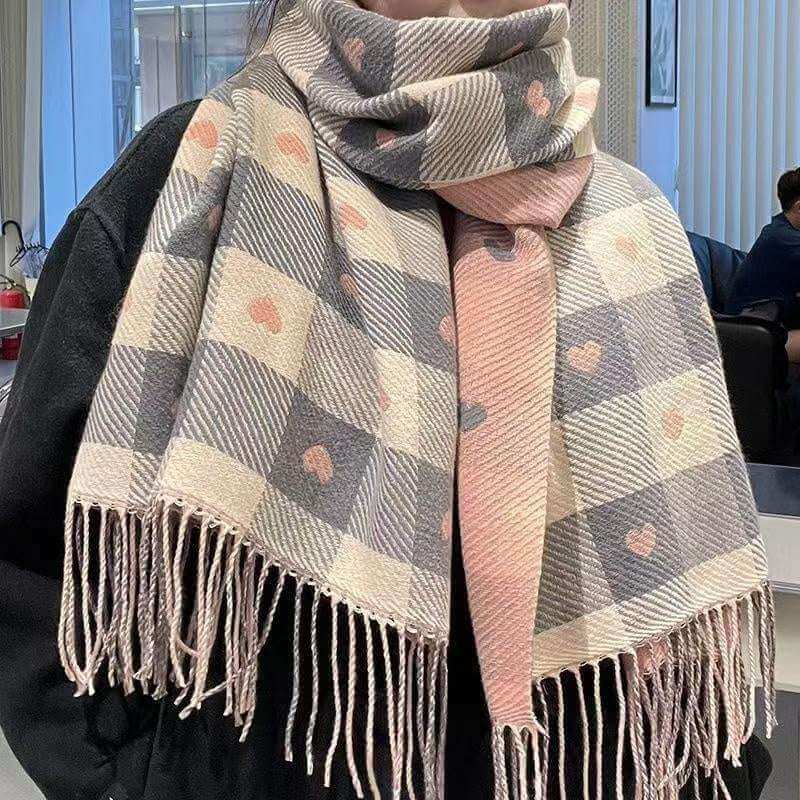 Women's Faux Cashmere Heart Check Scarf with Fringe