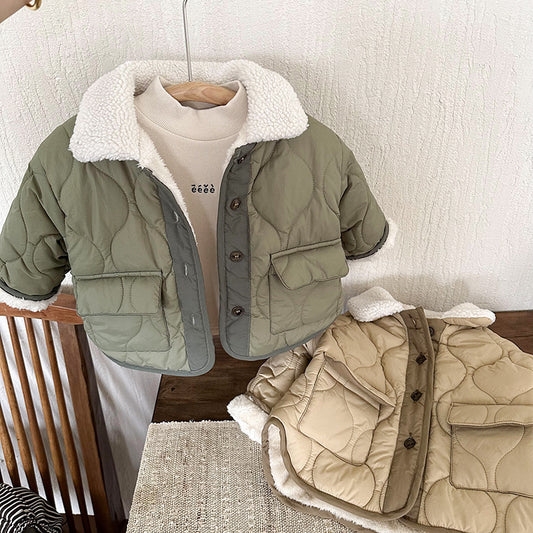 Korean Style Lamb Fur Collar Fleece-lined Thickened Cotton-padded Coat Fashion