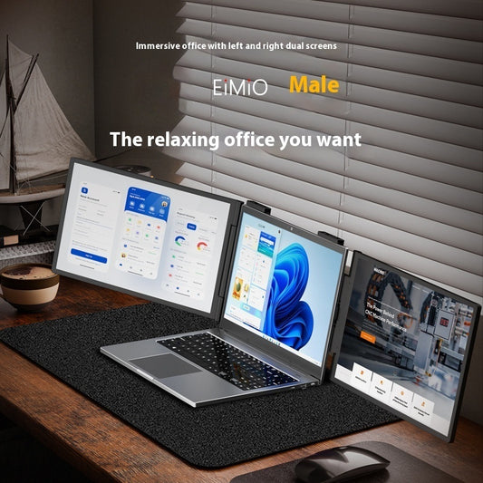 Laptop with dual screens on a desk, featuring EIMIO branding.