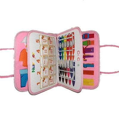 Pink children's art set with various tools on a white background