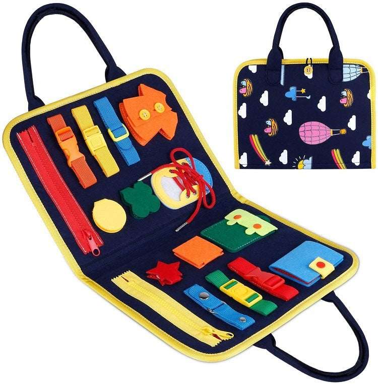 Colorful tool kit with various items on a white background
