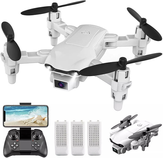 White drone with black propellers, remote control, and batteries on a white background