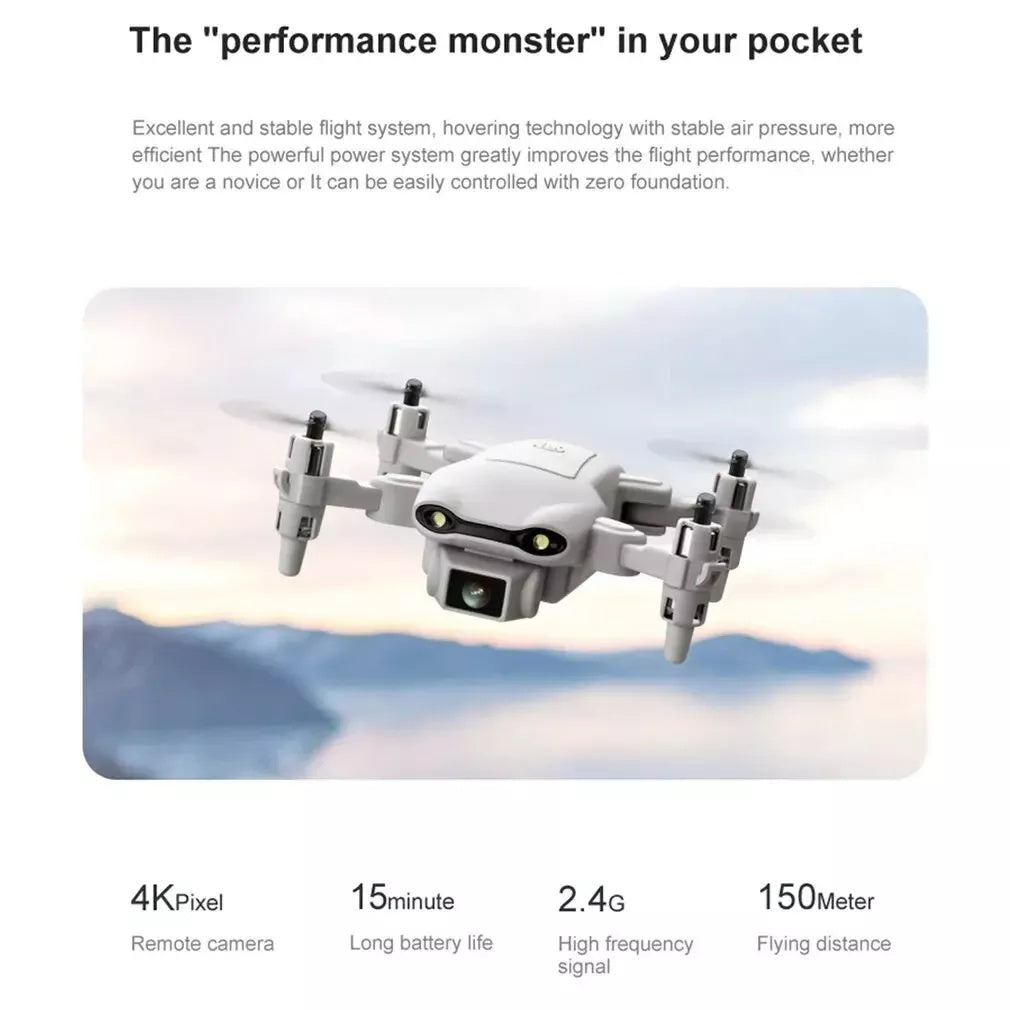 Drone with promotional text about its features against a scenic background