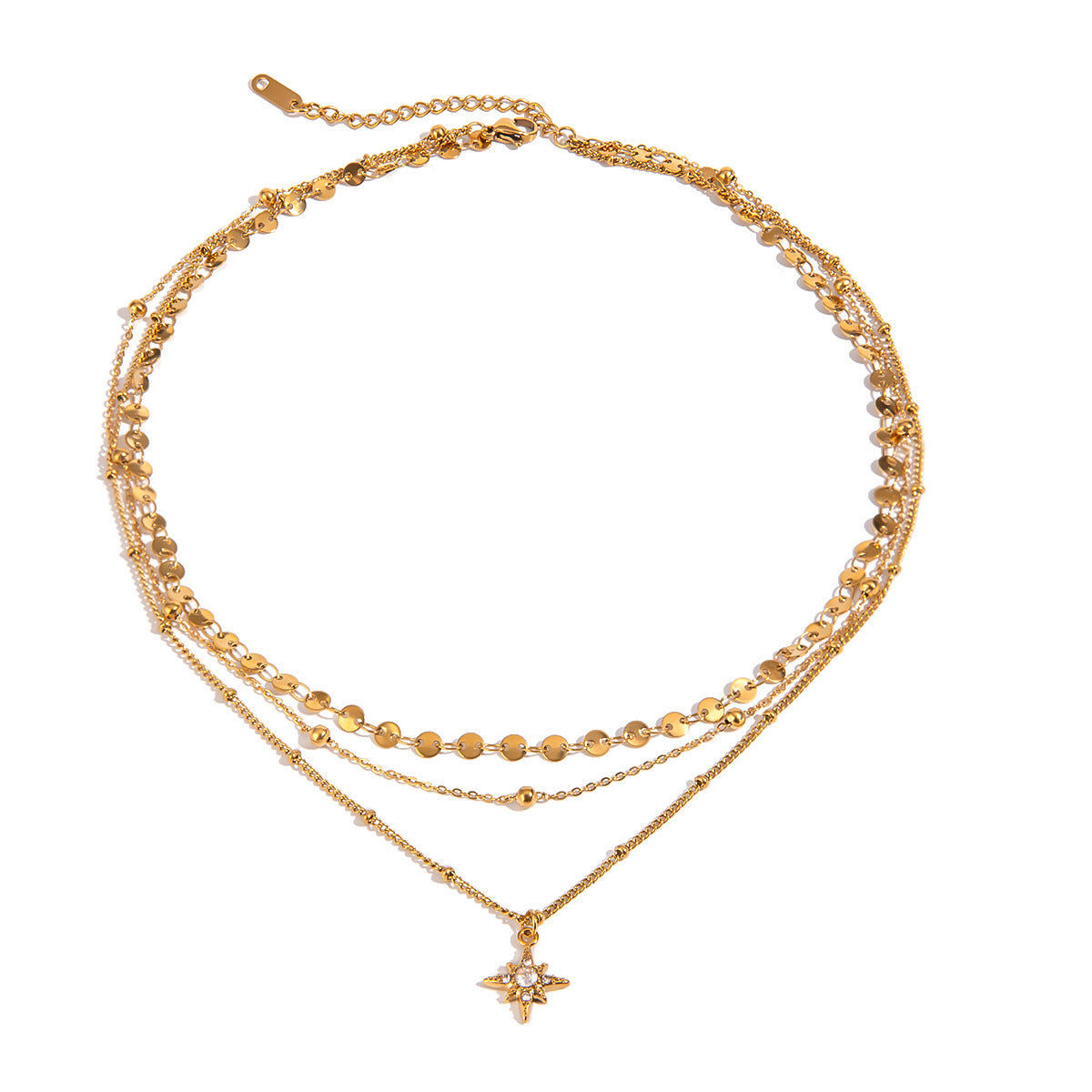 Stainless Steel Rhinestone Four Eight-pointed Stars Pendant Three-layer Necklace