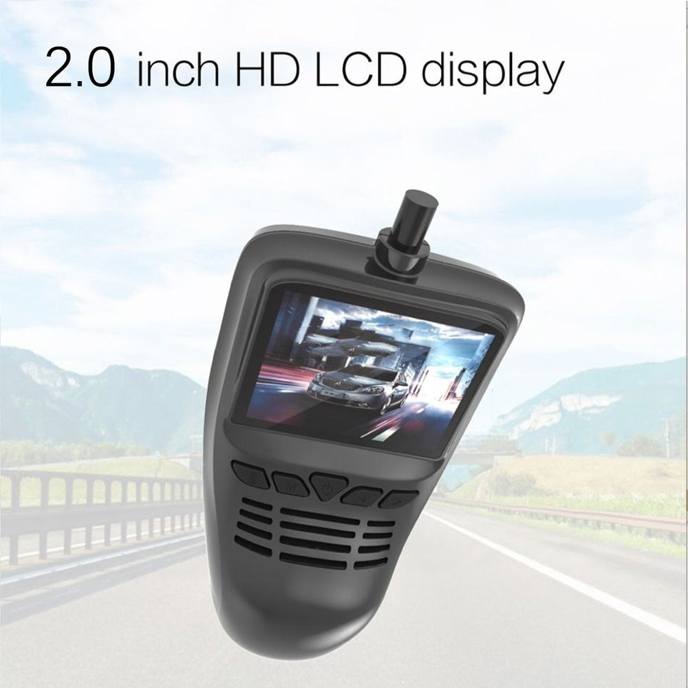 Car dashboard camera with 2.0 inch HD LCD display on a road background