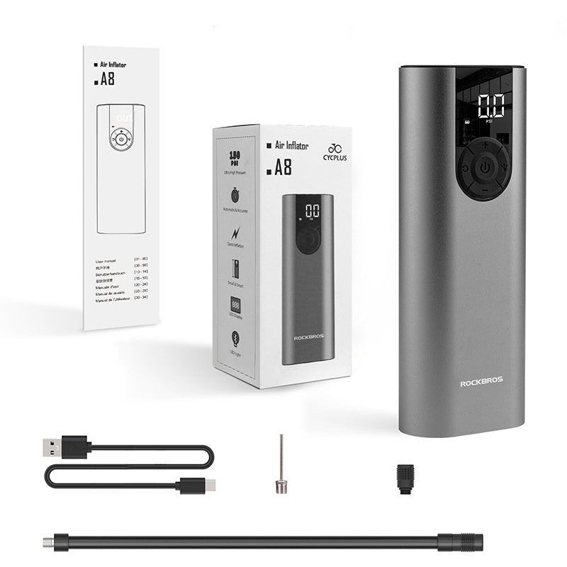 Air inflator with packaging, USB cable, and nozzle on a white background