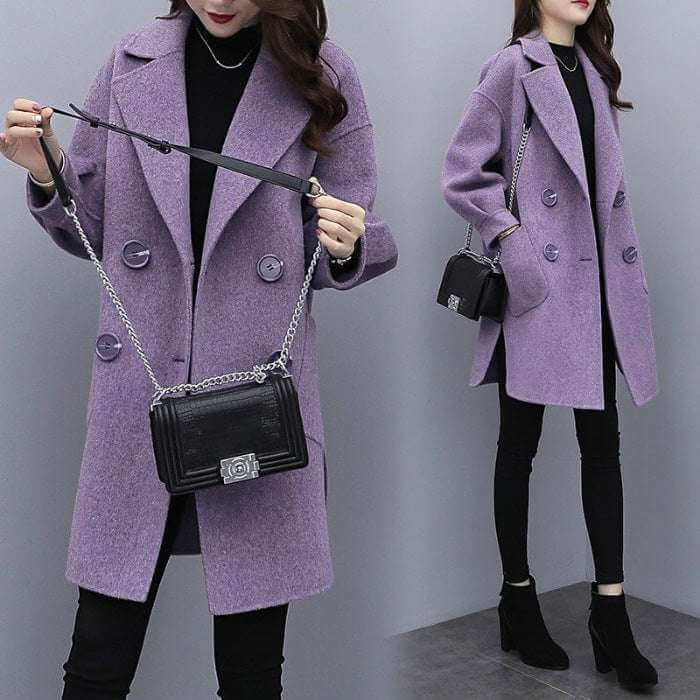 Purple Woolen Coat Women's Mid-length Lantern Sleeve Purple Woolen Coat Women's Mid-length La | Ectron Online