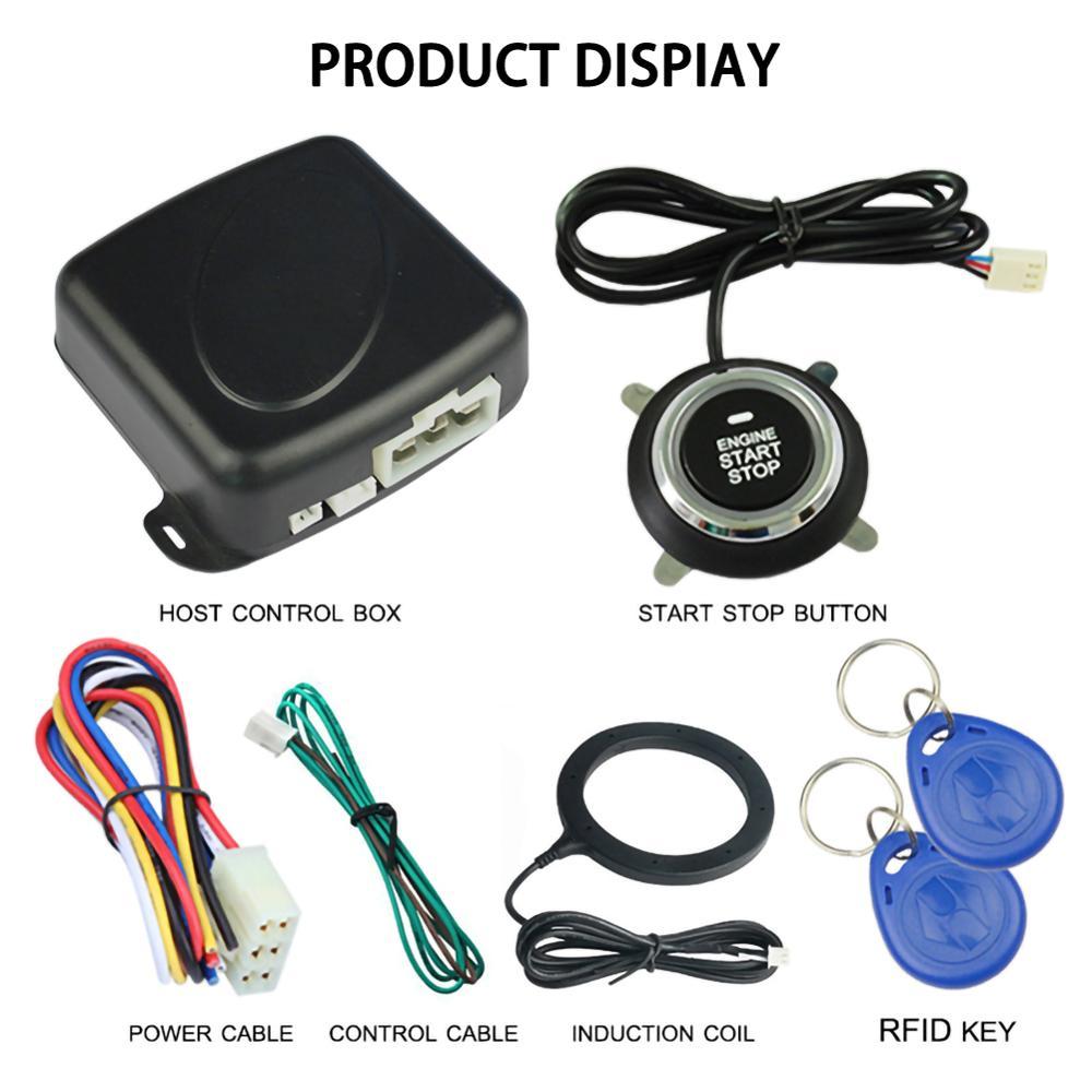 Car alarm system components including host control box, start stop button, power cable, control cable, induction coil, and RFID keys on a white background.