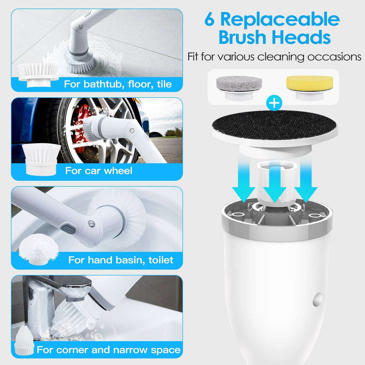 White spin scrubber kit with six interchangeable brush heads
