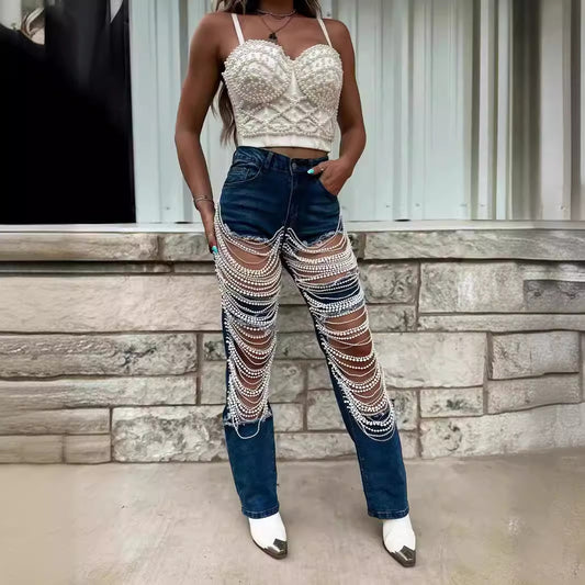 Chain Bead Necklace Ornaments Straight-leg Pants Chain Bead Necklace Ornaments Straight-l | Ectron Online