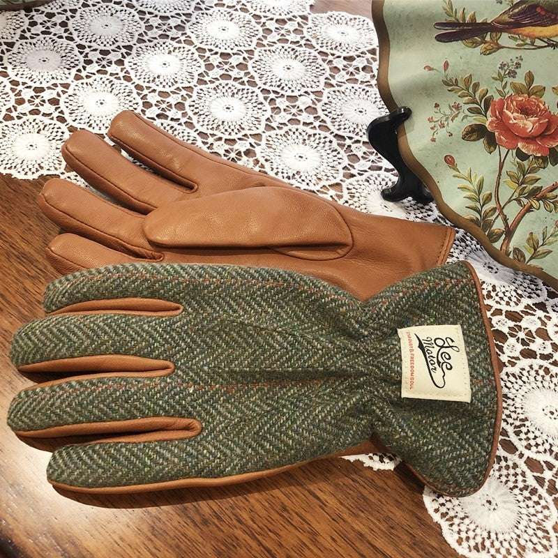Motorcycle leather gloves with label: green patterned back and tan leather palm