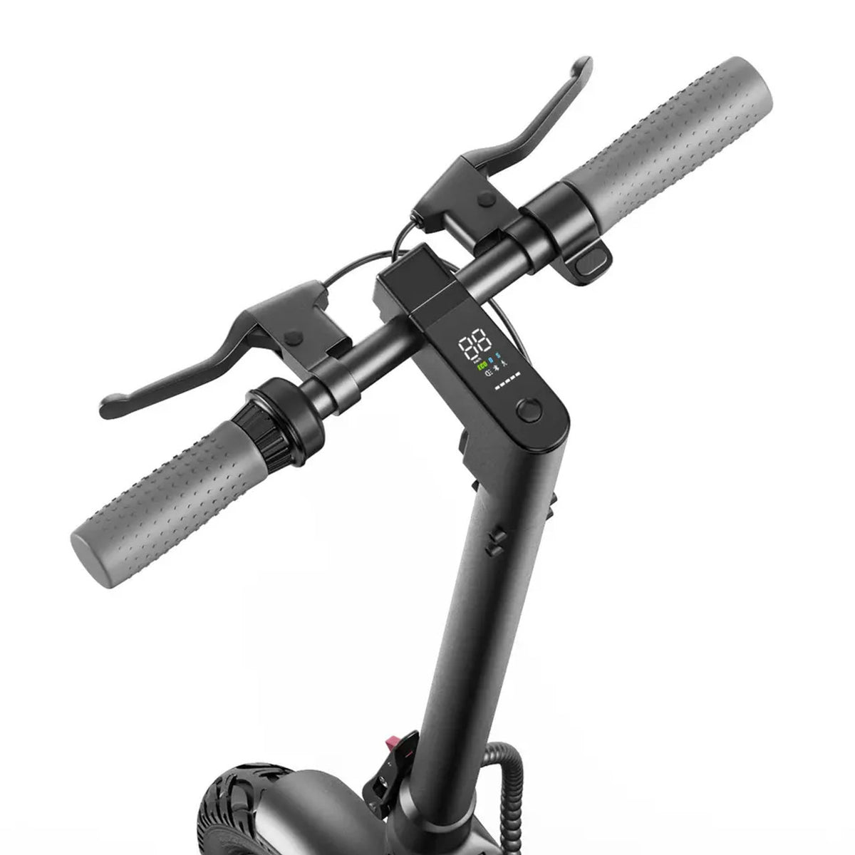 Electric scooter handlebar controls close-up, black display and rubber grips