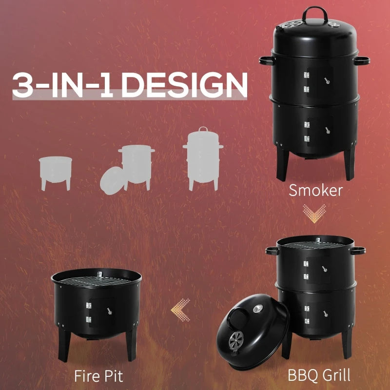 Black vertical charcoal smoker unit with lid handle and front door panels