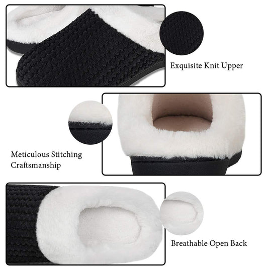 Close-up details of black and white slippers with text highlighting features.