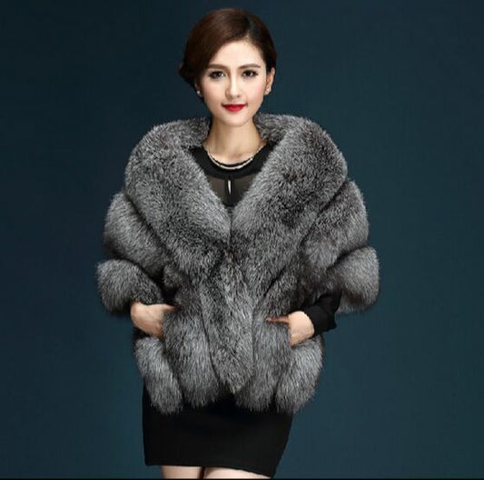 Women's New Silver Fox Faux Fur Shawl Cape