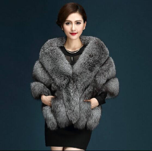 Women's New Silver Fox Faux Fur Shawl Cape