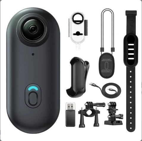 Mini body action camera with charging cable, wrist strap, and mounting kit