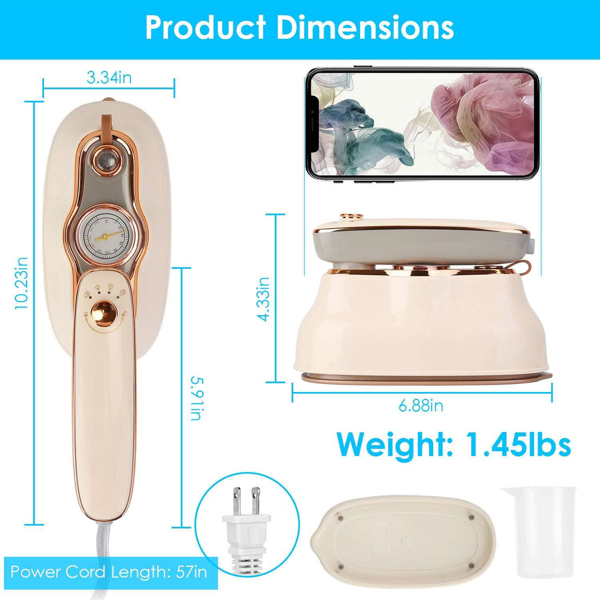 Beige handheld clothes steamer with temperature gauge dial and flat base