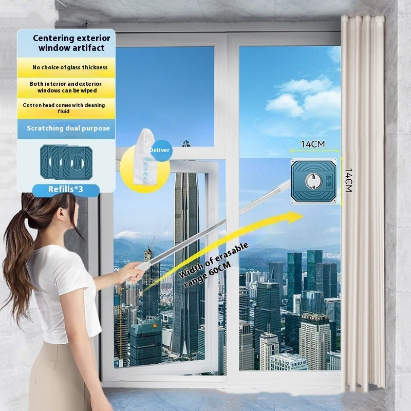 Person cleaning a window with a cleaning tool, showing features and specifications on an overlay.