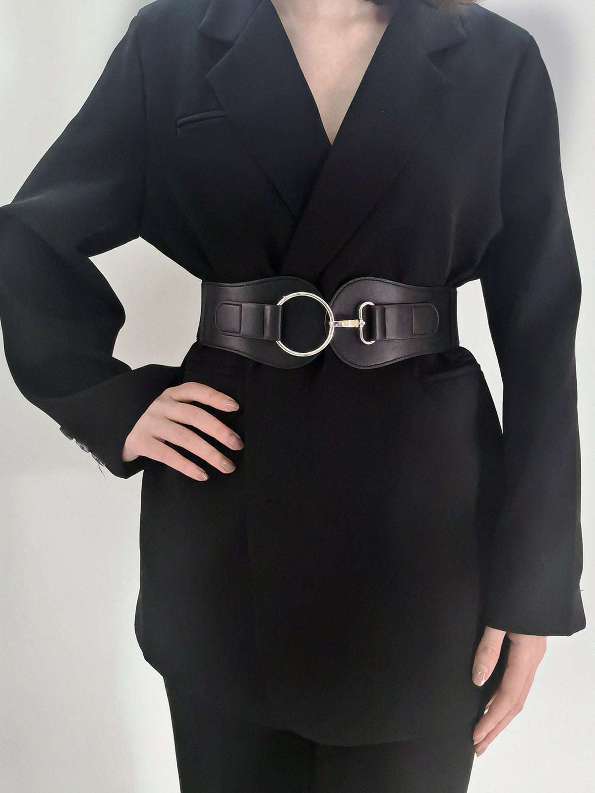 Black wide elastic belt with oval ring buckle and PU strap with button holes