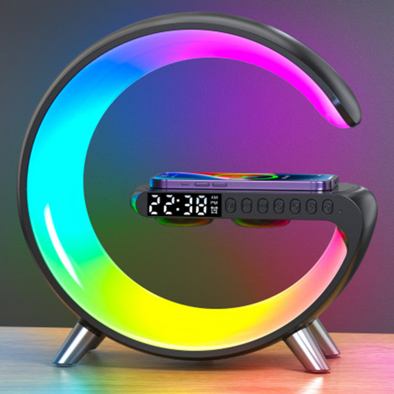 Black G-shaped LED lamp with rainbow arc ring lights and digital clock panel