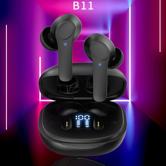 Black wireless earbuds with charging case on a vibrant purple and pink background