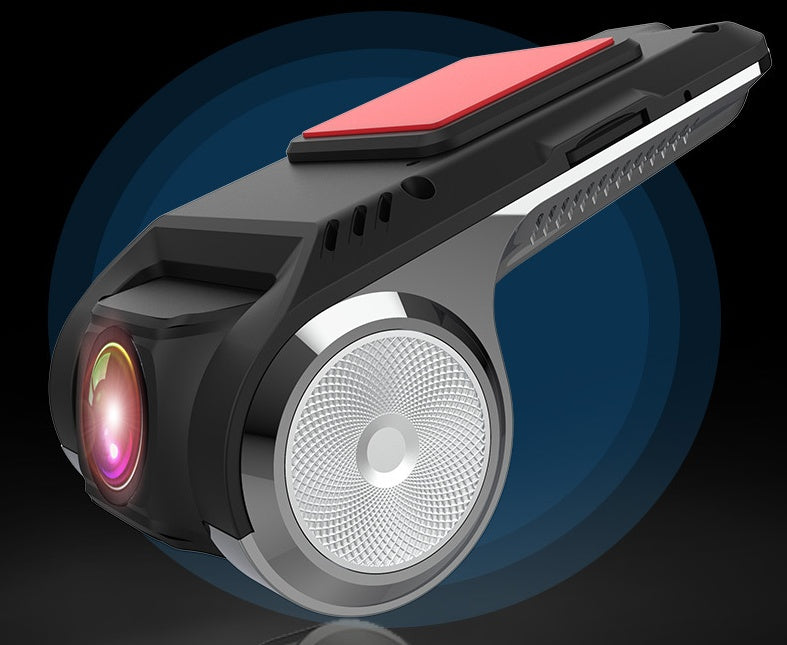 Black and red flashlight with a blue gradient background