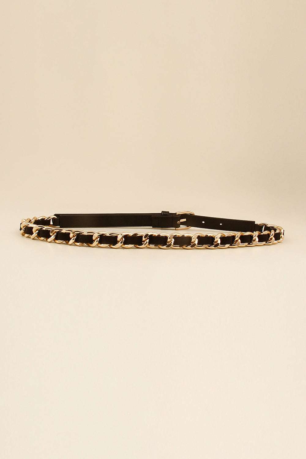 Black skinny PU belt with gold chain border and adjustable buckle holes