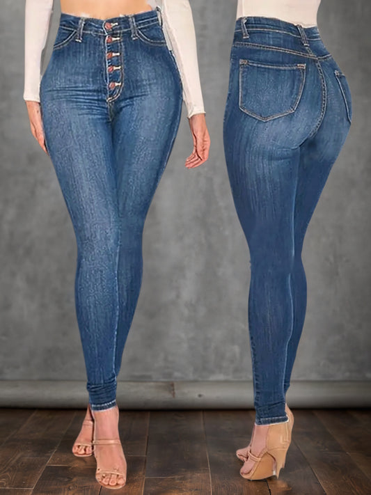 Women's Mid-Blue High-Waisted Buckle Jeans