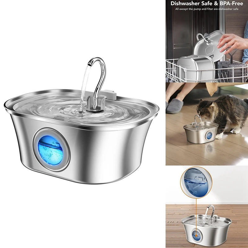 3.2L Cat Water Fountain With Water Level Window,Stainless Steel Automatic Pet Water Fountain,Dog Water Dispenser Durable USB - Ectron Online