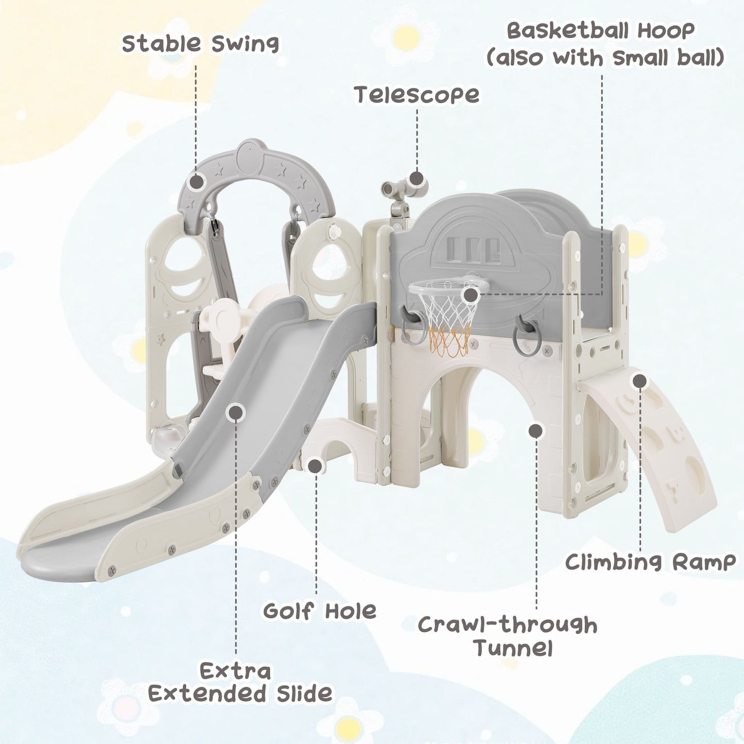 Toddler Slide and Swing Set 7 in 1, Kids Playground Climber Slide Playset with Basketball Hoop Freestanding Combination - Ectron Online