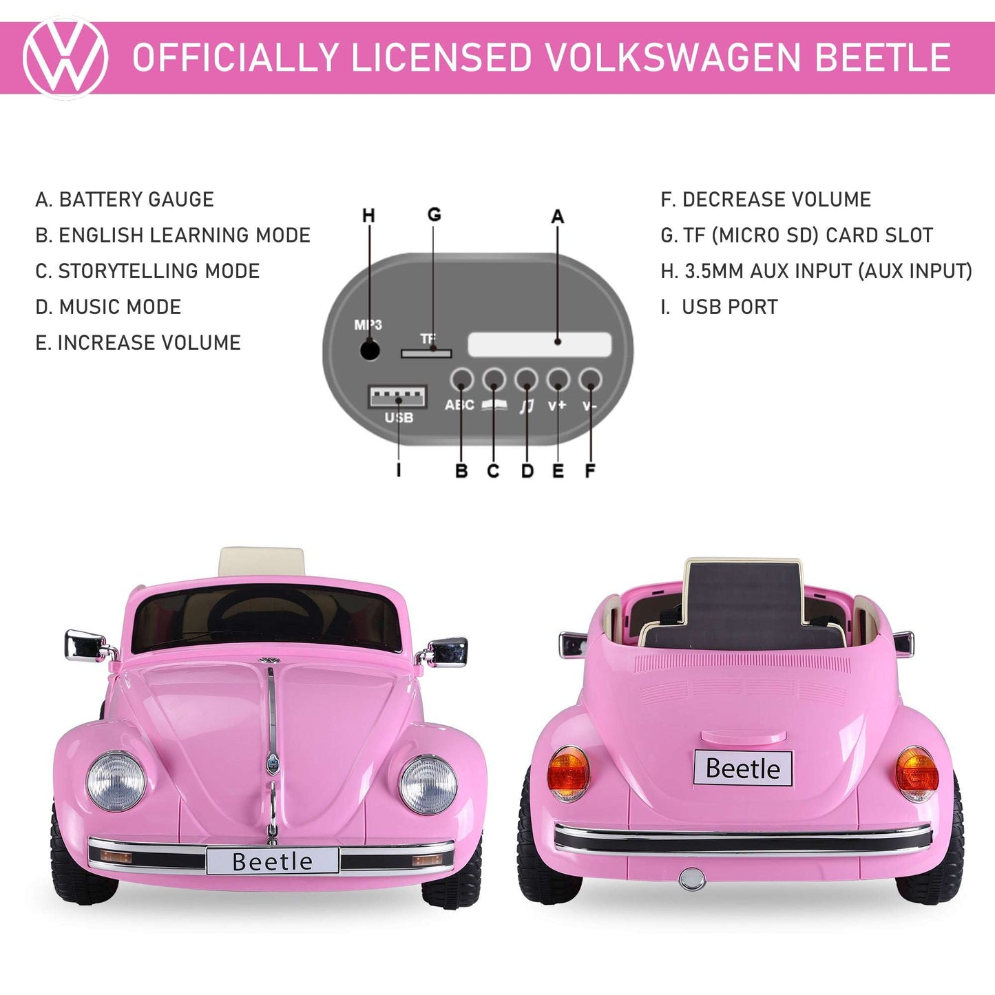 Licensed VW Beetle Kids Electric Car - Pink 12V Ride-On with Remote Licensed Volkswagen Beetle Ride-on Kids | Ectron Online