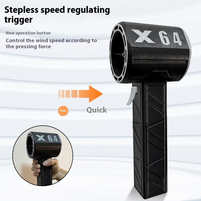 Black handheld device with 'X 64' branding, featuring a stepless speed regulating trigger on a white background.