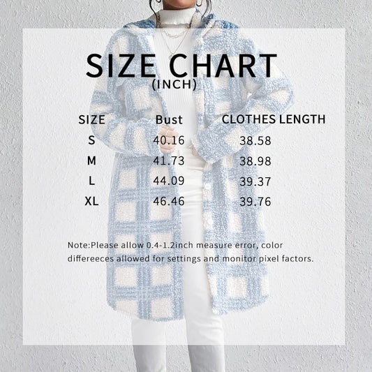 Size chart for clothing measurements with a person wearing a checkered cardigan.