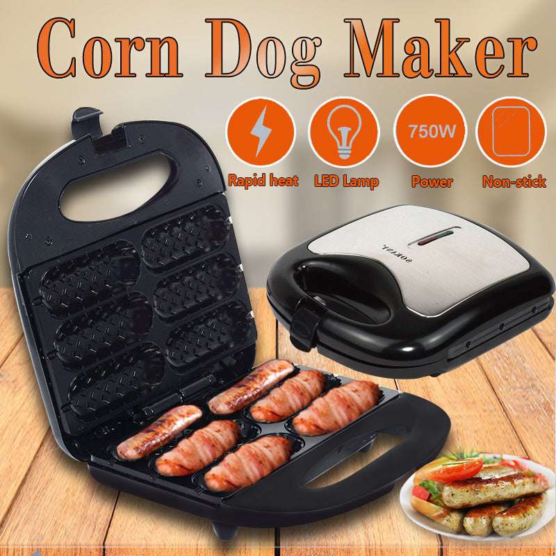 Open black corn dog maker with non-stick tray, sausages arranged for cooking