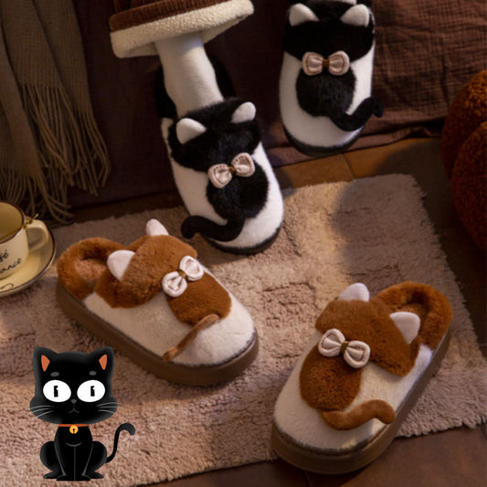 A pair of fluffy, cat-style slippers in beige and brown colors with a round toe design and flat heel, placed on a floor mat.