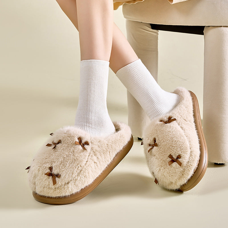 Women's Cute Plush Slippers – Bow Knot, Warm & Thick Sole